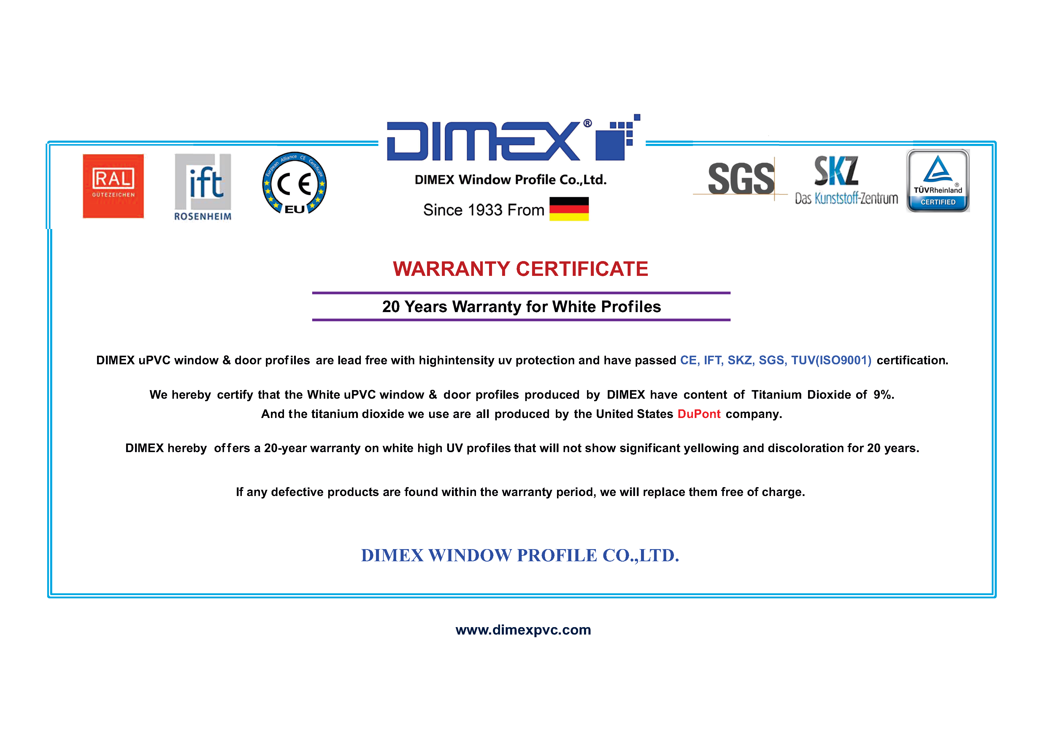 Certificado de 20 anos de garantia Dimex